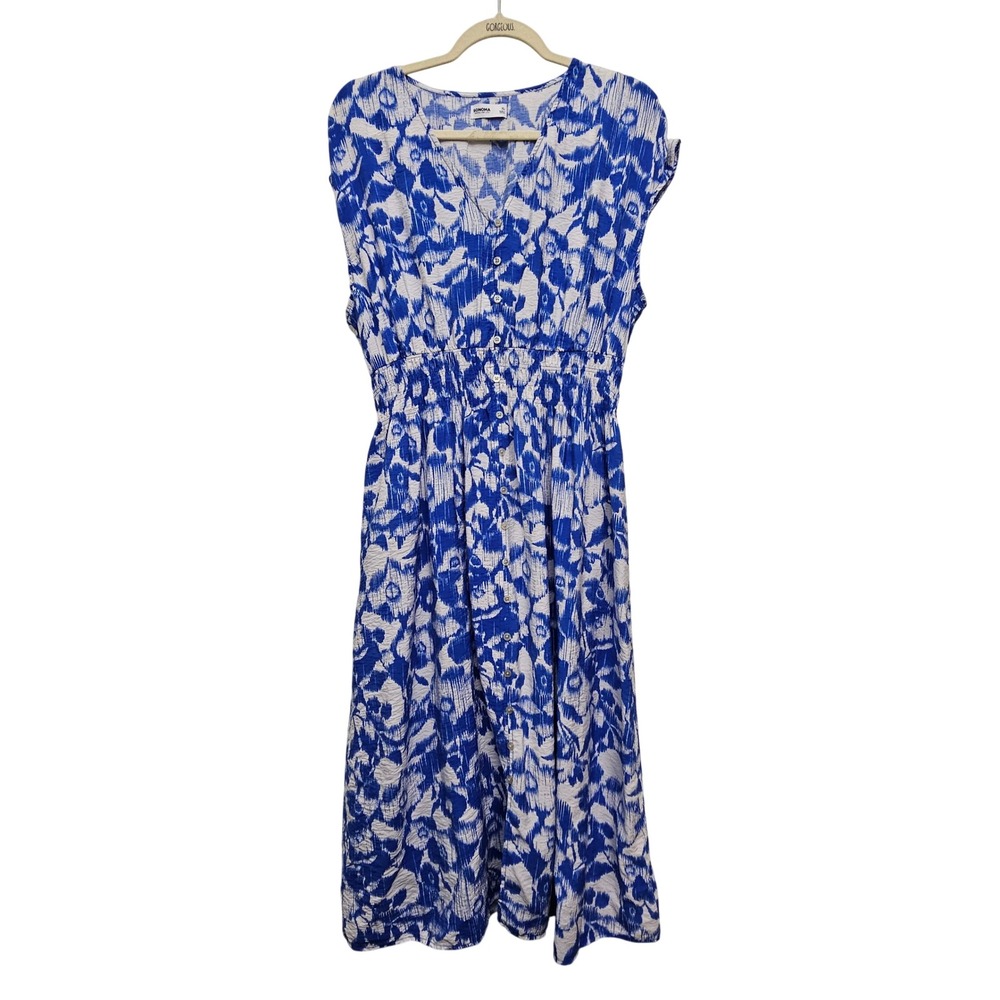Sonoma Midi Dress Womens XL Blue White Ikat Floral Button Front Smocked Pocket
